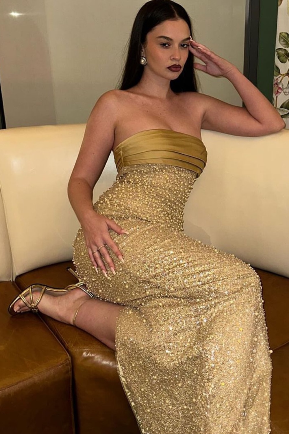 slim fit dress slacks Miss Circle Women's Shay Gold Stretch Knit Backless Long Sleeve Dress